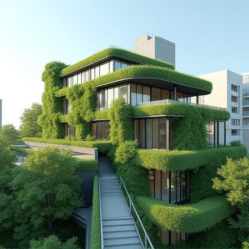 옥상 정원이 있는 친환경 빌딩의 모습